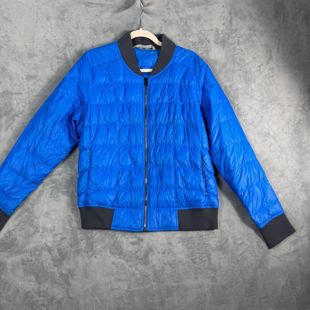 Athleta Womens Blue Goose Down Puffer Bomber Jacket Quilted Gorpcore Utility L